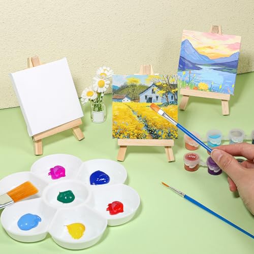24 Pack Mini Canvases and Easels 3 x 3 Inch Small Canvas and Easel for Painting Art Stand with Panels Tabletop Wooden Display Easel for Birthday Parties Valentine‘s Day Gift