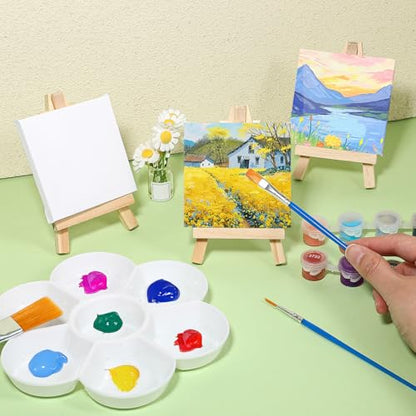 24 Pack Mini Canvases and Easels 3 x 3 Inch Small Canvas and Easel for Painting Art Stand with Panels Tabletop Wooden Display Easel for Birthday Parties Valentine‘s Day Gift
