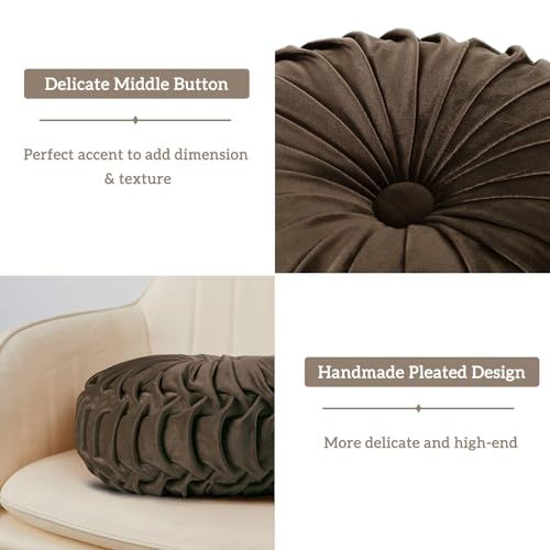 HIG Set of 2 Chocolate Velvet Decorative Round Pleated Throw Pillows - color: Chocolate