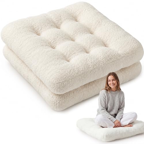 Jerify 2 Pcs 22 x 22 x 3.5 Inch Cream Boucle Floor Pillow Cushions for Adults, Large Square Floor Pillow for Meditation, Plush Tufted Seating Pad for Living Room Balcony Tatami