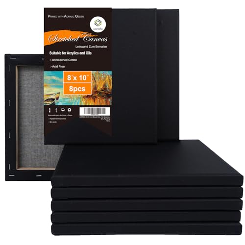 CONDA Black Stretched Canvas 8x10 inches, 8 Pack Canvases for Painting, 100% Cotton, Blank Canvases, 8 oz Gesso-Primed, 5/8 Inch Profile Art Canvas Value Bulk Pack for Acrylics, Oils Painting - size: 8"x10" 8 Pack