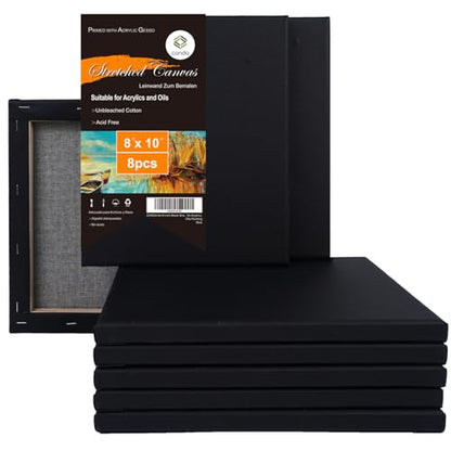 CONDA Black Stretched Canvas 8x10 inches, 8 Pack Canvases for Painting, 100% Cotton, Blank Canvases, 8 oz Gesso-Primed, 5/8 Inch Profile Art Canvas Value Bulk Pack for Acrylics, Oils Painting - size: 8"x10" 8 Pack