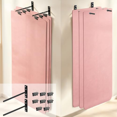 2 Pack Yoga Mat Holder Wall Mount, Heavy Duty Metal Storage Rack with Clips, Flat Hanging Exercise Mat Organizer for Home Gym, Yoga Studio, Garage & Fitness Equipment
