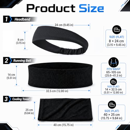 3PCS Running Gear Set for Women, Sports Cooling Headband, Running Slim Belt and Wrist Sweat Towel, Non-Slip Sweatbands Soft Breathable Cooling Workout Sweat Band for Yoga,Gym,Hiking, Fitness