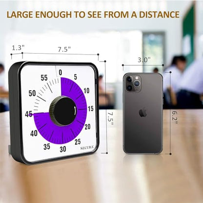 Secura 60-Minute Visual Countdown Timer, 7.5-Inch Oversize Classroom Visual Timer for Kids and Adults, Durable Mechanical Kitchen Timer Clock with Magnetic Backing (Purple) - color: Purple & Black
