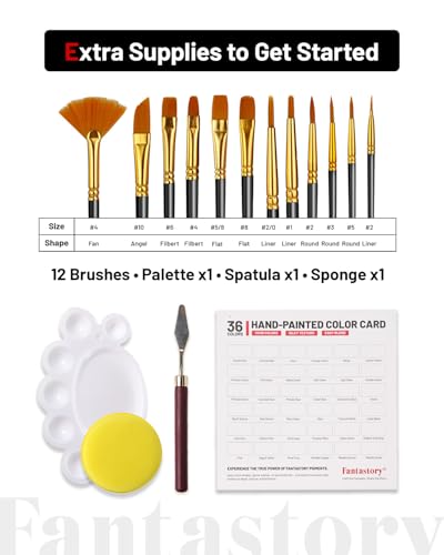 Fantastory 60ml 36 Colors Acrylic Paint Set with 12 Brushes | with 12 Brushes, Chart, Palette, Scraper, Sponge - 3 Metallic, Non-Toxic, Waterproof for Wood, Rock, Canvas, Clay, DIY, 3D - style: 36 popular Colors
