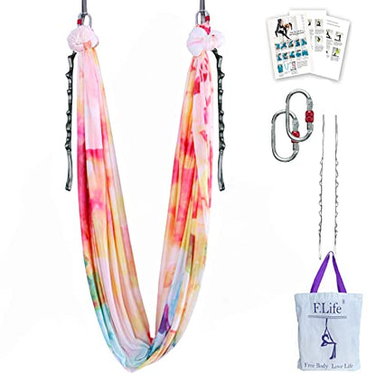 F.Life Aerial Yoga Hammock kit- Yoga Swing Multicolor 5 yards-Flying Yoga Include Daisy Chain,Carabiner and Pose Guide - color: Colorful Clouds