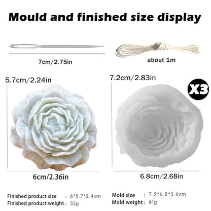 3 Pack Peony Silicone Candle Mold Flower Mold Resin Casting Molds with Large-Eye Wicking Needle,Candlewick for DIY Scented Candle, Soy Wax, Cake, Soap,Craft Making - color: 3PCS-Peony