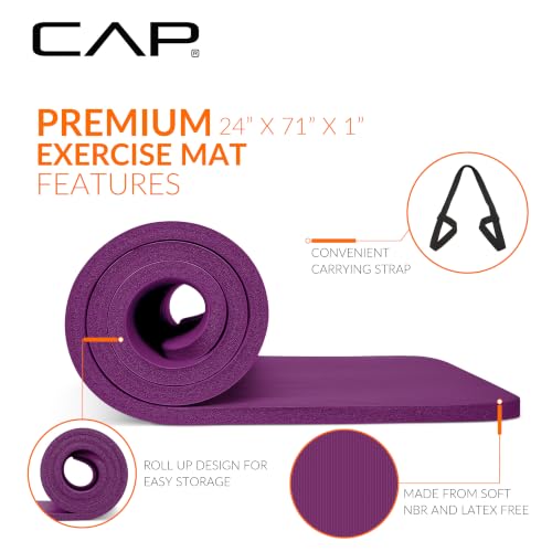 CAP Barbell 1-Inch High Density Exercise Yoga Mat with Strap | Multiple Colors - color: Wine