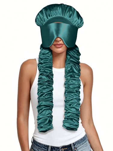 Satin Bonnet for Sleeping with Eye Mask，No Slip Sleep Bonnet with Long Curling Ribbons for Braids & Long Hair - color: Green
