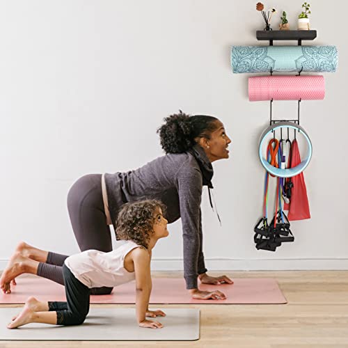VINAEMO Yoga Mat Holder Accessories Wall Mount Organizer Storage Decor Foam Roller and Towel Storage Rack with 4 Hooks and Wooden Shelves Yoga Mats Rack Resistance Bands for Home Gym School Office - color: Black (matel)