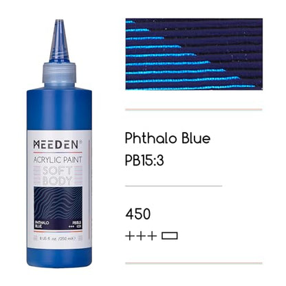 MEEDEN Soft Body Acrylic Paint: Phthalo Blue Matte Finish 250ml/8.45oz | Bulk Acrylic Colors in Ergonomic Bottle - Fluid Flow Art Paints for Artists Canvas Painting - color: Phthalo Blue