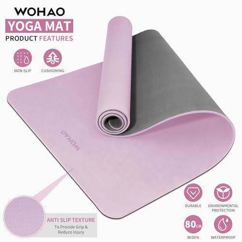 8mm Extra Wide 80cm Yoga Mat Non Slip | Spacious 80cm x 72" mat for tall users, gym, pilates. POE, reversible dual-color, non-slip, tear-proof, odorless, strap. - color: Taro Purple+Gray