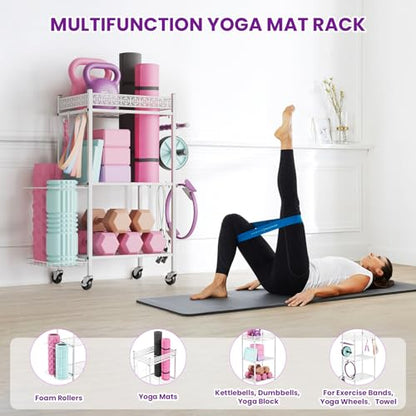 VOPEAK Home Gym Storage Rack, 3-Tier Yoga Mat Storage with Wheels & Hooks | 200 lbs steel rack with lockable casters & side hooks. 3-tier fits yoga mats & dumbbells — 10-min assembly - color: WHITE