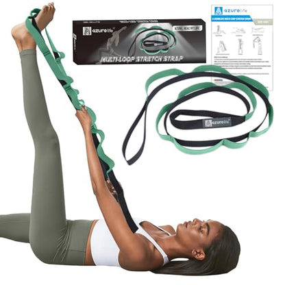 A AZURELIFE Half-Elastic Stretch Straps with 11 Loops, Stretching Strap for Physical Therapy, Multi-Loop Yoga Strap Fitness Exercise Strap for Yoga, Pilates, Dance, Flexibility&Exercise - color: Half Elastic-Purist Blue