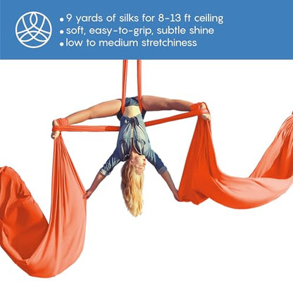 Aerial Silks Starter Kit, 9 Yards, Aerial Yoga Hammock, Hardware | Knitted fabric with pose guide, for aerial yoga, gymnastics, silk swing, stretching and home gym use, suitable for all levels - color: Orange