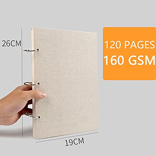 Retro Spiral Sketchbook Linen Hardcover 120 Pages 160GSM Thick Refillable Loose Leaf Notebook for Art Drawing Stationery School Supplies (Large)