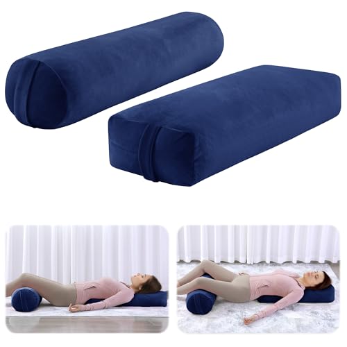 ROYALAY 2 Pcs Yoga Bolster Pillow for Restorative Yoga, Rectangular and Cylinder Meditation Pillow Set with Carrying Handles, Supportive Cushion for Exercise Workout Stretching Meditation,Dark Blue