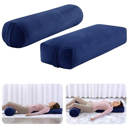 ROYALAY 2 Pcs Yoga Bolster Pillow for Restorative Yoga, Rectangular and Cylinder Meditation Pillow Set with Carrying Handles, Supportive Cushion for Exercise Workout Stretching Meditation,Dark Blue