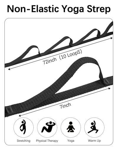 10 Loop Yoga Stretching Strap for Physical Therapy - Non-Elastic Exercise Band for Pilates, Yoga, Stretching for Women & Men - color: Black