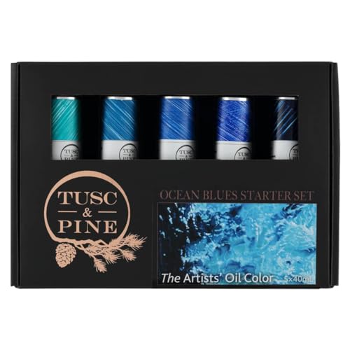 Tusc & Pine Artist Oil Paint - 40 ml Set of 5 - Ocean Blues - Non-Yellowing, Rich & Creamy Consistency, Maximum Pigment Load, Small Batch Milled Oil Paints Developed for Professional Artists - color: Ocean Blues, size: 6.75 Fl Oz (Pack of 1)