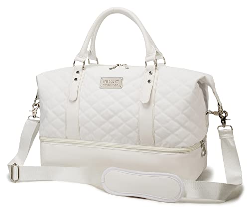 Kinmac Women's Travel Duffel Bag,Sports Gym Yoga Duffel Bag Weekender Overnight Totes Bag (White Embroider) - color: White Embroider