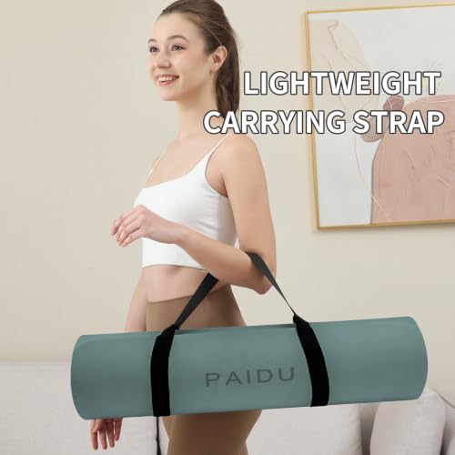 PAIDU POE Yoga Mat （10mm）Extra Thick Fitness Mat 72"x24" with Carry Strap | Non-slip, tear-resistant and suitable for all ages, perfect for yoga, Pilates, home gym and full-body workouts. - color: Deep green+Gray.