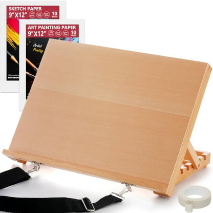 16.5"x12" Beechwood Tabletop Easel with Paint and Sketch Papers,Mask Tape | Portable Adjustable Art Easel with Detachable Strap, Drawing Board for Painting, Sketching and Diamond Art - style: A3