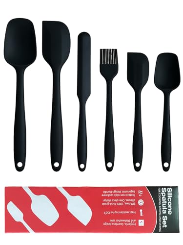 6 Pieces Silicone Spatula Set - Heavy Duty Kitchen Cooking Serving Utensils, Non-Stick Silicone Cooking Utensils Set, Kitchen Utensil Set with Oil Brush, Jar Spatula & Mini Spatulas (Black) - color: Black