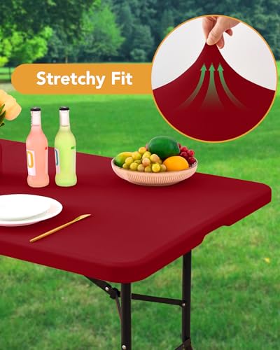 KeyWave Fitted Tablecloth Rectangle Table Cloths - 6 Pack 6 Foot Elastic Stretch Folding Table Top Cover Water-Resistant Reusable for Outdoor Picnic Camping Party Event, Red, 72" L x 30" W - color: Red, size: 6 ft - 6 Pack