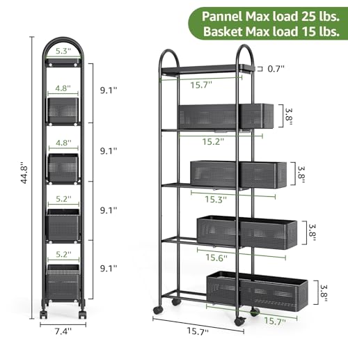 KINGRACK 5 Tier Slim Rolling Cart with Drawer, Metal Utility Storage Cart | 4 Pull-out Baskets, Lockable Wheels, Narrow Space Trolley Organizer for Bathroom, Kitchen, Office, Dorm, Laundry Room, Black - color: Black, size: 5 Tier