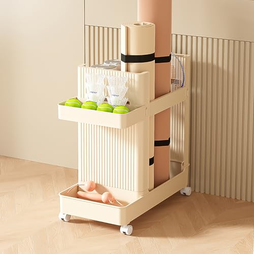 Home Gym Storage Yoga Mat Storage Rack with Wheels Workout Equipment Storage Cart for Home Gym School Supplies - color: Creamy Yellow