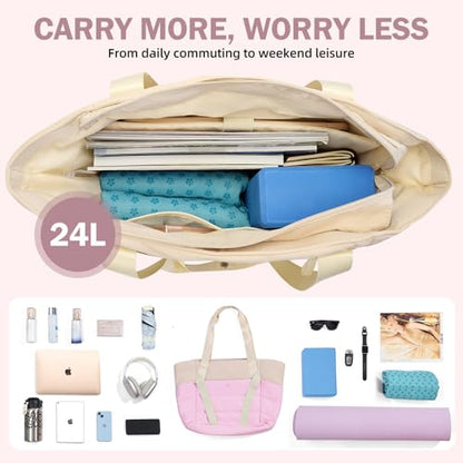 Axcone Women's Yoga Tote Bag with Luggage Sleeve & Mat Straps - Gym Work Bag for Office, Commute, Sports,Travel - color: Pink