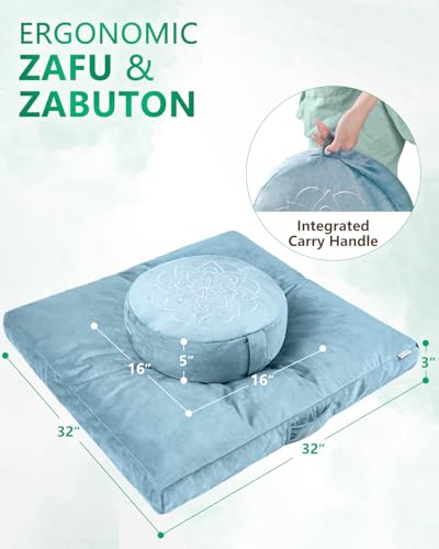 Hihealer Meditation Cushion, Traditional Tibetan Velvet Meditation Pillow | Buckwheat Yoga Bolster, Large Floor Cushion & Pillow for Adults, Zafu Zabuton Set, Zen Meditation Mat - color: Blue