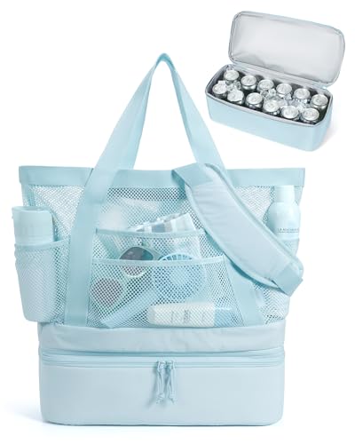 BAGSMART Beach Bag for Women, Mesh Tote Bags with Zipper, Sandproof Vacation Essentials with Cooler for Swim Cruise Pool - color: Blue