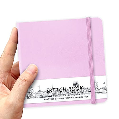 5" x 5" Hardcover Sketch Book,58 Sheets Small Mixed Media Pocket Sketch Pad | PU Cover,150 GSM Acid Free Artist Drawing Paper,Travel Journal Blank Notebook for Adults Sketching,Illustration.Purple Pink - color: 150gsm PU-purple pink