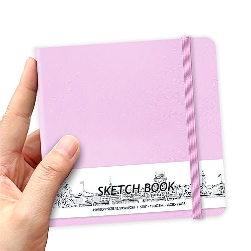 5" x 5" Hardcover Sketch Book,58 Sheets Small Mixed Media Pocket Sketch Pad | PU Cover,150 GSM Acid Free Artist Drawing Paper,Travel Journal Blank Notebook for Adults Sketching,Illustration.Purple Pink - color: 150gsm PU-purple pink
