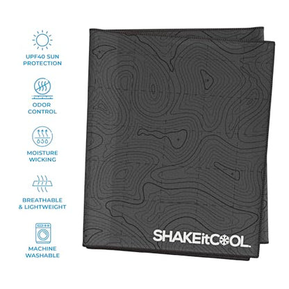 SHAKEitCOOL Extended Size Cooling Towel – Be Cool in Style - Heat Relief, Soft, Lightweight, Sun Protection, Easy Clean - Perfect for Biking, Hiking, Running, Yoga, Golf, Gardening - Black Topo M - color: Black Topo