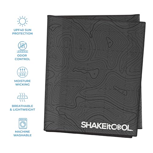 SHAKEitCOOL Extended Size Cooling Towel – Be Cool in Style - Heat Relief, Soft, Lightweight, Sun Protection, Easy Clean - Perfect for Biking, Hiking, Running, Yoga, Golf, Gardening - Black Topo M - color: Black Topo