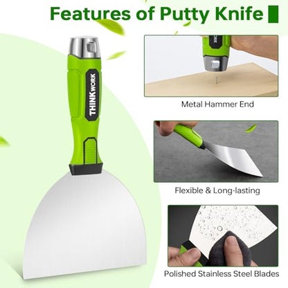 THINKWORK 8Pcs Drywall Tools, Drywall Knife Set with 10" Mud Pan | Stainless Steel Putty & Taping Knives, Painter Scraper, Spackle Tool Set for Joint Finishing & Patching, Soft Grip