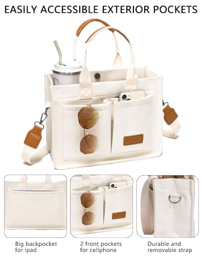 ZHMO Canvas Tote Bag for Women,Women's Bags Crossbody Bags Work Laptop Tote Bag Large Handbags Purse for Travel Nurse Teacher - color: Beige With Compartments