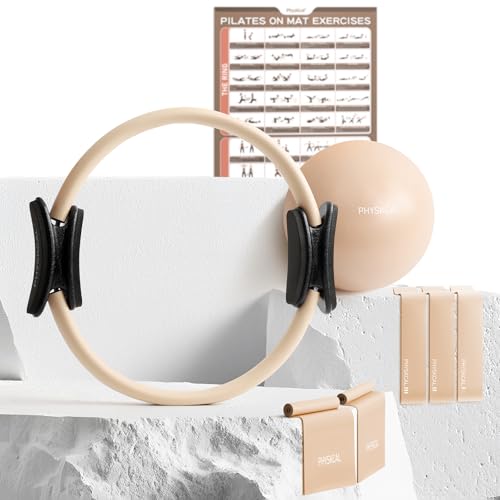 PhysKcal Pilates Kit, 15-Inch Pilates Ring with 1x Pilates Ball & 5X Bands | Aesthetic Home Pilates Equipment Set, Essential Kit for Beginners in Minimalist Style. Comes in Premium Packaging - color: Nude