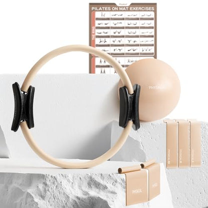 PhysKcal Pilates Kit, 15-Inch Pilates Ring with 1x Pilates Ball & 5X Bands | Aesthetic Home Pilates Equipment Set, Essential Kit for Beginners in Minimalist Style. Comes in Premium Packaging - color: Nude