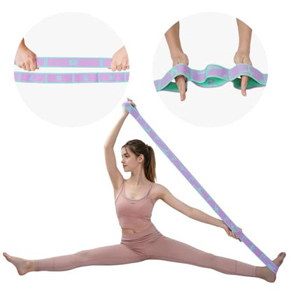2 Pack 9-Loop Stretch Strap with Pose Guide Pattern, Elastic Yoga Band for Dance, Pilates, Gymnastics, Flexibility Exercise, Kids Workout Training, Youth Ballet Belt - color: Purple+Pink