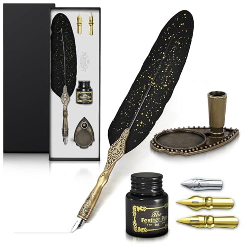 Feather Pen and Ink Set, 8 Pcs, 2 Extra Nibs, Inkwell, Stand (Black) | Vintage Feather Quill Pen and Ink Set; Stainless Steel Nib; Elegant Gift Box; for Calligraphy Beginners, Authors & Writers - color: Black