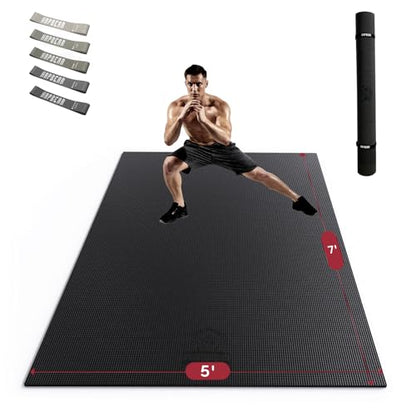 HAPBEAR Large Exercise Mat-6'x4'/7'x5'/6'x8'/6'x9'/6'x10'/6'x12'x 1/3"(8mm) - color: Black-High Density 7'×5'×⅓"