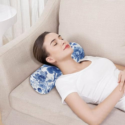 Blue White Flower Neck Roll Pillow Bolster Round Health Memory Foam Long Cervical Roll Cylinder Pillows with Removable Washable Cover for Body Bed Legs Back Yoga - color: Blue and White 35