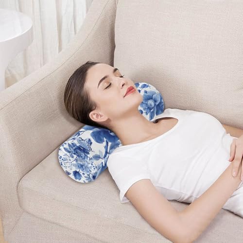 Blue White Flower Neck Roll Pillow Bolster Round Health Memory Foam Long Cervical Roll Cylinder Pillows with Removable Washable Cover for Body Bed Legs Back Yoga - color: Blue and White 35