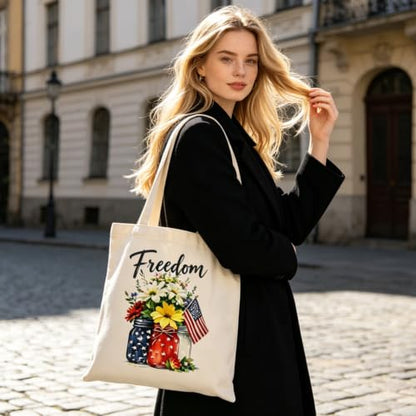 Canvas Tote Bag with Zipper for Women, Halloween Trick or Treat Bags Bulk | 13.8" x 15.3" Fashionable Two-Tone Cotton Tote Bag for Crafts, DIY Your Creative Designs - color: [A0] Freedom - Beige