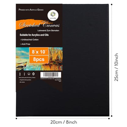 CONDA Black Stretched Canvas 8x10 inches, 8 Pack Canvases for Painting, 100% Cotton, Blank Canvases, 8 oz Gesso-Primed, 5/8 Inch Profile Art Canvas Value Bulk Pack for Acrylics, Oils Painting - size: 8"x10" 8 Pack